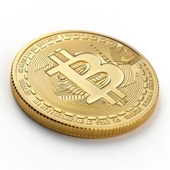 Close-Up of a Detailed Bitcoin Coin in Shimmering Gold Finish on a White Background, Ideal for Representing Cryptocurrency Themes, Digital Investment, and Modern Finance Concepts
