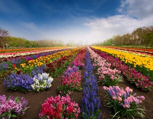 Fototapeta premium 花畑のパレット 色とりどりの春の花が咲く広大な花畑。花々の間に広がるシンプルな空間が、視覚的にテキストを引き立てるスペースを提供