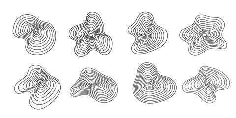 Doodle distorted blob shape set. Tree rings, circle, wood age. Wavy curve. Vector simple design