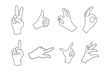 Set of hand gesture. Line art, silhouette. Like symbol, thumb up, okay, v sign, human finger. Vector isolated on white background