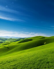 Obraz premium 新緑の丘と広がる空 若葉が一斉に芽吹く丘の風景。遠くに広がる明るい青空が大きなコピースペースとなり、シンプルな背景を演出。