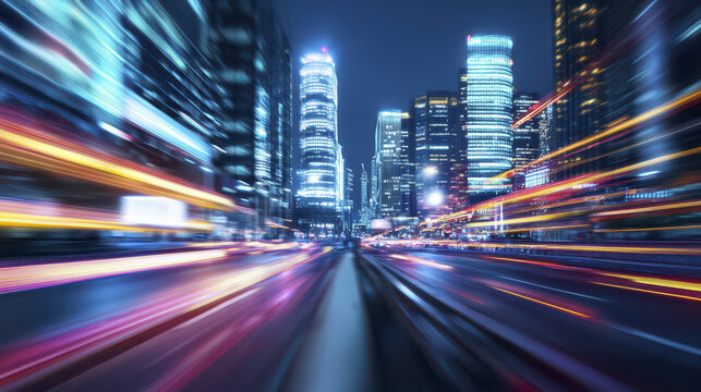 Dynamic cityscape at night with blurred lights and skyscrapers
