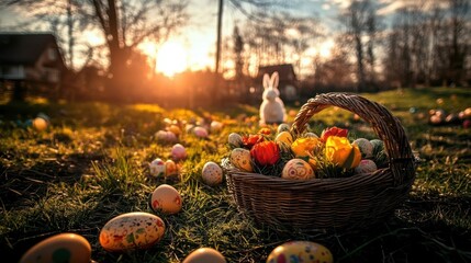 Naklejka premium Easter Eggs in Basket at Sunset