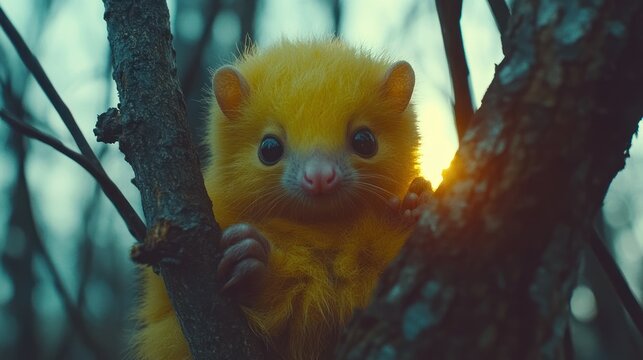 Cute yellow baby animal in tree.