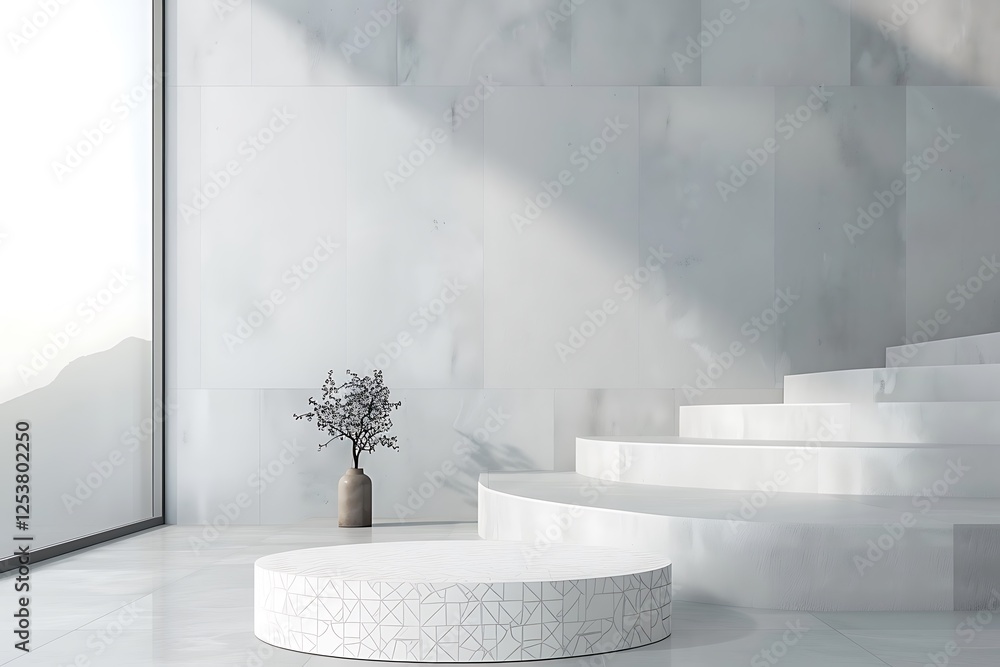 Poster a mosaic podium adorned with a simple star pattern in white on a light grey background, placed in a 