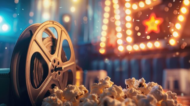 Movie film reel and striped popcorn box with bokeh lights in retro cinema atmosphere background - Powered by Adobe