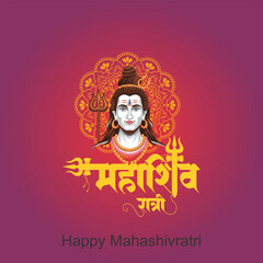 Happy Maha Shivratri text with Lord Shiva Illustration, and Temple background, Traditional Festival Poster Banner Design Template Vector Illustration