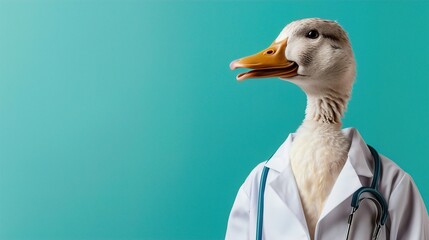 A humorous duck in a doctor's coat with a stethoscope against a teal background. Quacking Care, Surreal Medicine, Unlikely Physician