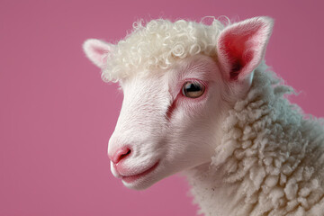 Fototapeta premium Adorable fluffy white sheep with curly wool against pink background