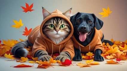 Cute cat and dog in hoodie on autumn leaves background. Fall-Themed Pet. Happy International Cat Day and National Dog Day.