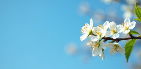 A small branch with tiny white flowers in full bloom against a blue sky backdrop, blossoming, natural world, garden
