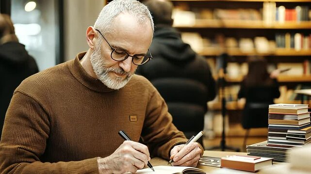 A novelist signing copies of their book at a crowded bookstore