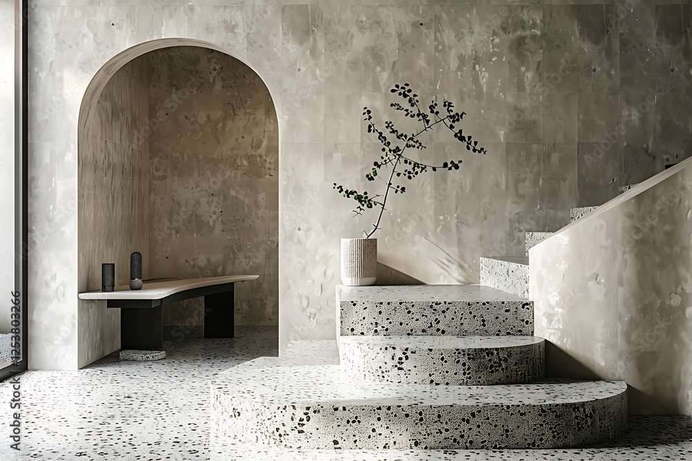 Poster a mosaic podium adorned with a simple star pattern in white on a light grey background, placed in a 