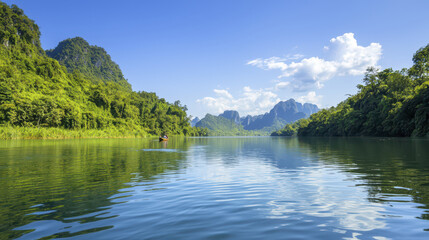 serene river scene with lush greenery and mountains in background, perfect for adventure seekers