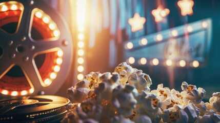 Movie film reel and striped popcorn box with bokeh lights in retro cinema atmosphere background