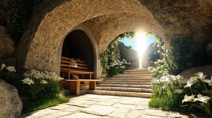 Naklejka premium Stone Cave Entrance with Bench and Flowers