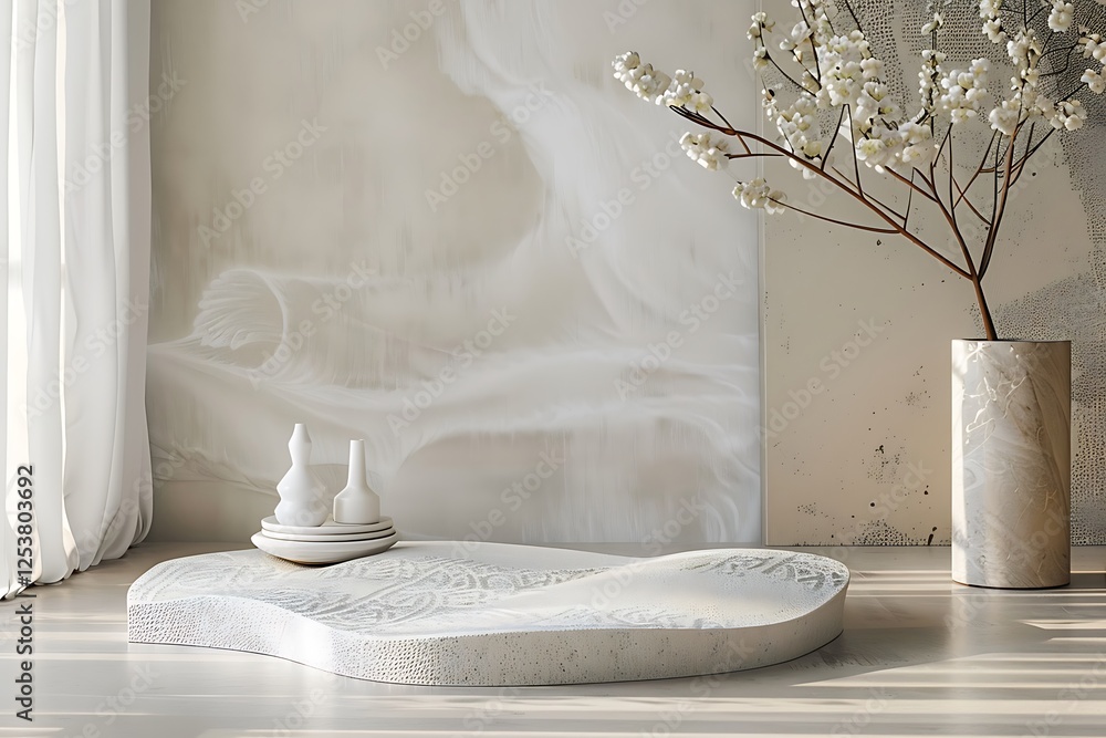 Poster a mosaic podium adorned with a subtle wave pattern in white on a light grey background, placed in a 