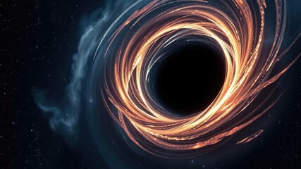 A breathtaking scene of a black hole with swirling accretion disk and starfield in the background, gravitational waves, gravitational pull, black hole