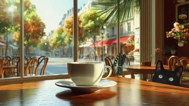 A steaming cup of coffee sits on a table in a Parisian cafe, a butterfly nearby, a black cat observing. Autumnal street view through the window.