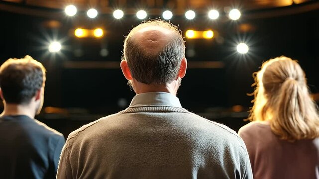 A Playwright Directing a Scene with Actors in a Theater Setting