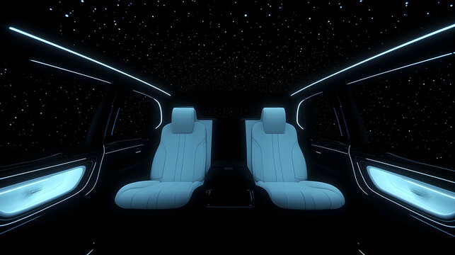 Luxury car interior, night scene, starry ceiling, back seats