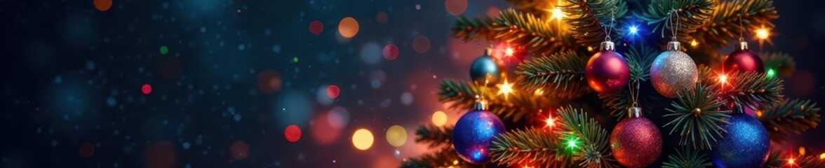 Bright multicolor Christmas tree with sparkling ornaments and lights, colorful, wreath