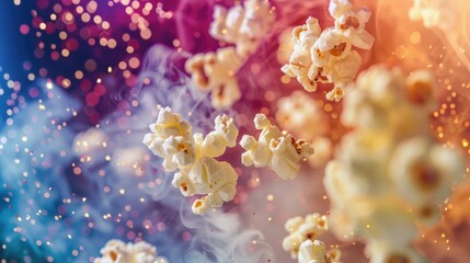 Magical popcorn flying in colorful bokeh lights with smoke effect and sparkles on dark background