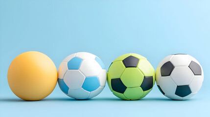 Colorful soccer balls on blue background; sports banner