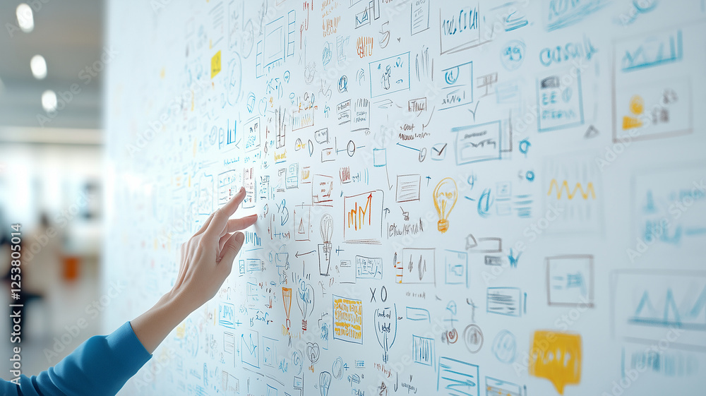 Poster person interacting with creative brainstorming wall filled with colorful sketches, charts, and notes