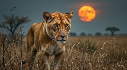 Fototapeta premium Lioness walking in the savanna at sunset, powerful mood, highlighting World Wildlife Day