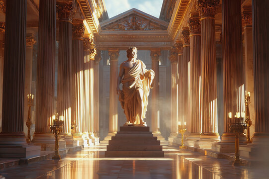 Mighty Zeus (Jupiter) is the supreme god of the sky, order and justice, king of the gods. He knows everything, including the future. Marble statue in the temple. Ancient mythology.