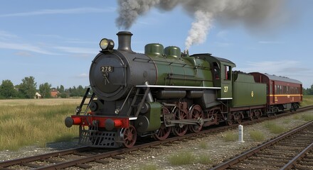 Fototapeta premium Classic Steam Train Moving on Railroad Tracks with Smoke and Blue Sky