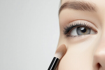 beauty blogger applies makeup with brush, showcasing close up of eye