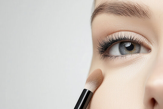 beauty blogger applies makeup with brush, showcasing close up of eye - Powered by Adobe