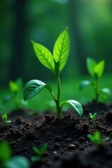Fototapeta premium Dark green shoot bursts forth from damp ground, fertile, ground