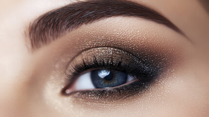 Obraz premium close up of beautifully made up eye featuring smoky eyeshadow, shimmering tones, and long lashes, showcasing elegance and