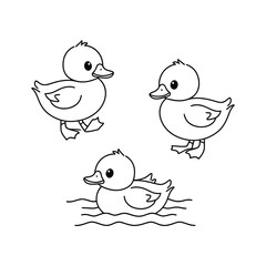 Minimalist Baby Duck Outline Icons – Cute Duck Walking, Standing, and Swimming