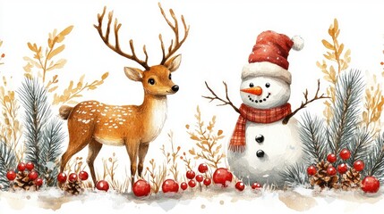 A festive illustration featuring a deer and a snowman amidst winter foliage and berries.