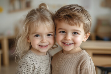 Two smiling blond young children, a boy and a girl, stand close together in a warm, cozy living room. Their bright eyes and joyful expressions radiate happiness, innocence, and pure friendship.