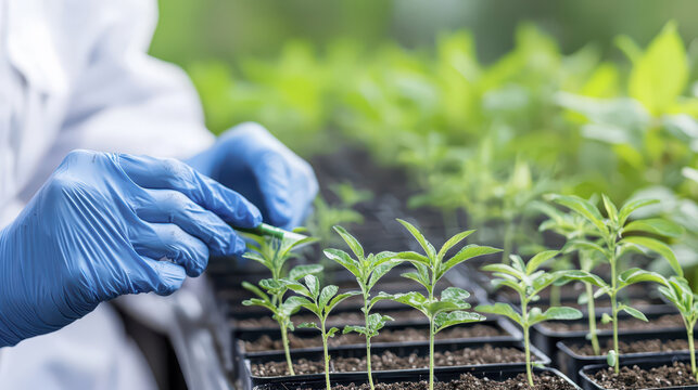 Growing plants in greenhouse, biotechnology, agriculture, research, scientist, hands, gloves, seedlings, cultivation