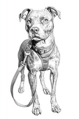 A highly detailed pencil sketch of a dog wearing a harness and leash, capturing its strong posture, expressive eyes, and intricate fur texture in a realistic monochrome style