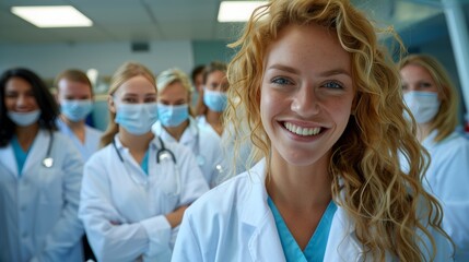Fototapeta premium Cheerful female dentist in contemporary clinic with professional team and state of the art equipment