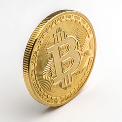 Close-Up of a Detailed Bitcoin Coin in Shimmering Gold Finish on a White Background, Ideal for Representing Cryptocurrency Themes, Digital Investment, and Modern Finance Concepts