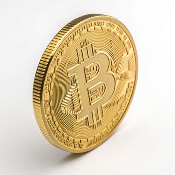 Close-Up of a Detailed Bitcoin Coin in Shimmering Gold Finish on a White Background, Ideal for Representing Cryptocurrency Themes, Digital Investment, and Modern Finance Concepts