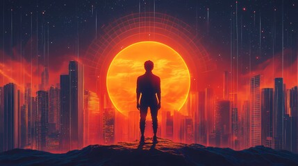 Synthwave-inspired people with cyberpunk fashion, neon lighting, and abstract futuristic city background, glowing in vibrant colors, digital painting illustration style