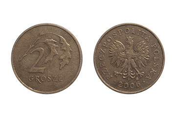 Coin 2 Grosze 2006. Coin of Poland. Coin 2 grosze 2006 Obverse and Reverse on white background
