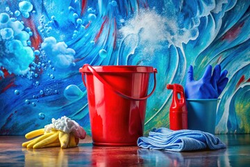 A surreal scene: red bucket, bubbly water, blue-gloved hands, a rag cleans a impossible floor.