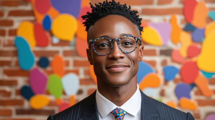 confident young man with stylish glasses smiles against colorful abstract background, showcasing modern and vibrant atmosphere. His attire reflects professionalism and creativity