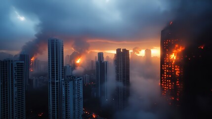 Fototapeta premium burning city in flame fire and smoke at night time 