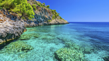 Breathtaking tropical beach oasis with clear turquoise water and rocky coastline